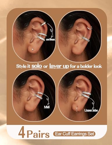 𝟒 𝐏𝐚𝐢𝐫𝐬 Ear Cuffs Non Piercing - 14K Gold Plated Ear Cuff Earrings for Women Trendy Ear Cuff for Non Pierced Ears Clip On Carrtilage Earring Lightweight Adjustable Fake Earrings Set - style: Silver Plated-Dainty