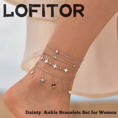LOFITOR Anklets for Women Ankle Bracelet Charm Link Chain Set Foot | Waterproof Dainty Cz Evil Eye Beaded Anklets Adjustable Beach Foot Jewelry Feet Chains, Summer Beach Foot Jewelry Gifts - style: Heart Silver