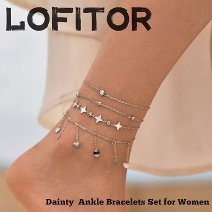 LOFITOR Anklets for Women Ankle Bracelet Charm Link Chain Set Foot | Waterproof Dainty Cz Evil Eye Beaded Anklets Adjustable Beach Foot Jewelry Feet Chains, Summer Beach Foot Jewelry Gifts - style: Heart Silver