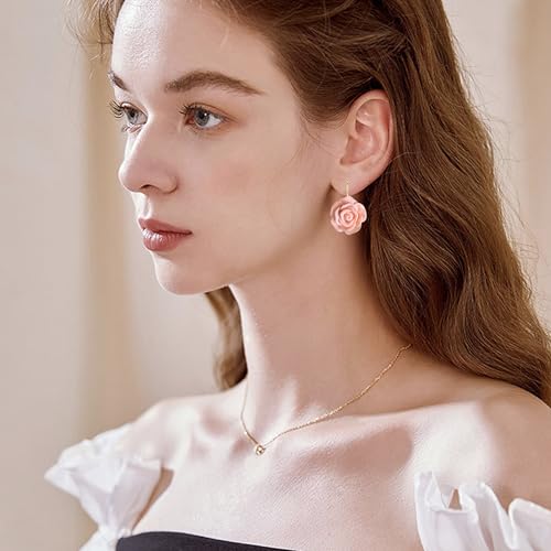 Handmade Bohemian Aesthetic Dainty Acrylic Flower Petal Leverback Earrings Sparkly 14K Gold Floral Dangle Drop Earrings for Women - color: Orange Pink