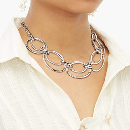 Gold Chunky Necklace for Women: Double Oval Link Statement Choker Necklace | 14k Gold Plated Loop Chain Trendy Fashion Jewelry for Daily Holiday Party - color: Silver