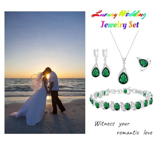 LMXXVJ Jewelry Set for Women,Teardrop Cubic Zirconia Necklace Earrings Adjustable Ring Bracelet Jewelry Set Formal Jewelry Gift - color: ZYSD-White Gold-Green