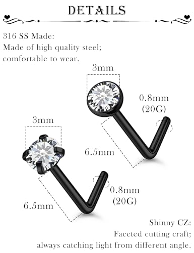 18G 20G 22G Stainless Surgical Steel Titanium Nose Rings Studs for Women L Shaped Nose Studs Screw Nose Rings Nostrial Piercing Jewelry for Women Men Silver Gold Black - style: 20G/3mm CZ/L-shaped/Black