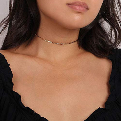 MEVECCO Dainty Choker Necklaces for Women, Beaded and Multi-Row Chains | 14K Gold Plated Brass, Select Silver Plated Brass Options, Polished And Textured Profiles For Everyday Styling - style: Plain Mariner Chain