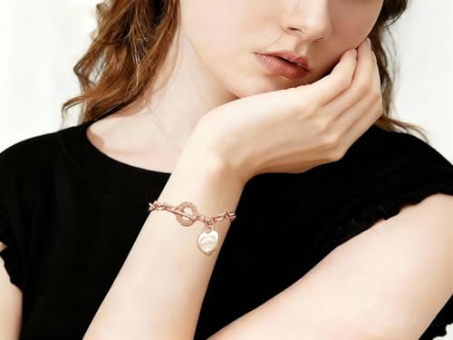 Heart Charm Bracelet Plated 18K Gold/Silver/Rose Gold Bible Scripture Heart Bracelet for Women Jewelry Gift Zircon Her Link Chain OT Clasp Stainless Steel Birthday - color: Rose Gold, size: 8.1 inch