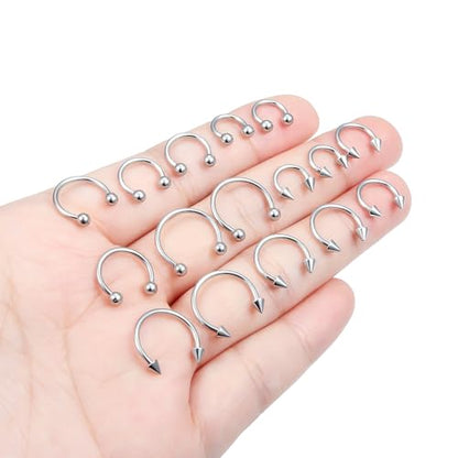 Hoeudjo 16G Horseshoe Septum Rings with Ball Grabber Tool Hypoallergenic Surgical Steel Septum Piercing Jewelry Lip Rings for Women Men Diameter 6mm 8mm 10mm 12mm - color: silvertone