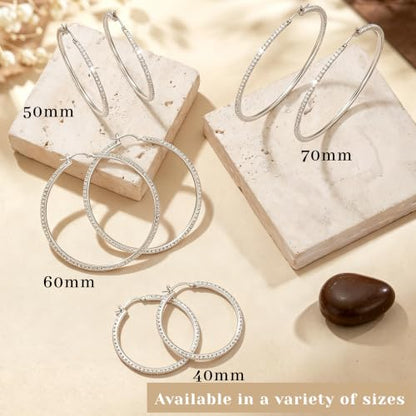 2MM S925 Sterling Silver Post Cubic Zirconia Hoop Earrings Hypoallergenic | 14K Gold Plated - color: Silver-50MM