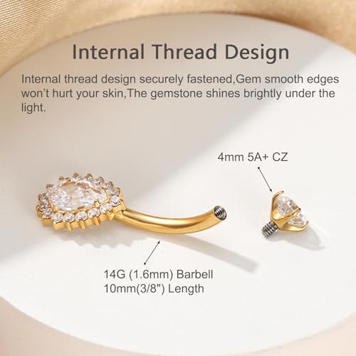 Gold Belly Button Ring, Titanium Dangle Floating Navel Piercing Jewelry - color: Gold-Water-10mm