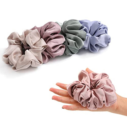 4 PCS Large Satin Silk Scrunchies for Women Big Hair Scrunchies Thick Hair | Blue Green Rose-Red Champagne / Stretched 10" Length / No Damage / Gift Box /Diameter: 5 inches / All Hairstyles - color: Blue Green Rose-Red Champagne, size: 1 Count (Pack of 4)