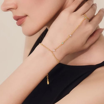 Cicy Bell Hand Chain Bracelets for Women 18K Gold Plated | Layered Stackable Dainty Ring Bracelets, Adjustable Satellite Bead Dot Link Finger Bracelets - color: Style F-Gold