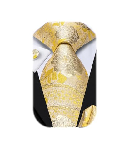 Dubulle Mens Paisley Striped Tie Woven Necktie for Men and Handkerchief Cufflinks Set Wedding Formal Business - color: C Yellow