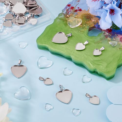 Craftdady Stainless Steel Pendant Cabochon Settings Heart Square Teardrop Flat Round Oval Rectangle Blank Bezel Trays Base Pendant with Glass Cabochons for DIY Earrings Necklace Jewelry - color: Stainless Steel Color Heart 3 Styles
