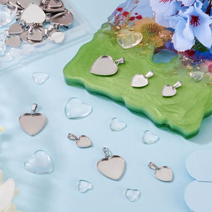 Craftdady Stainless Steel Pendant Cabochon Settings Heart Square Teardrop Flat Round Oval Rectangle Blank Bezel Trays Base Pendant with Glass Cabochons for DIY Earrings Necklace Jewelry - color: Stainless Steel Color Heart 3 Styles