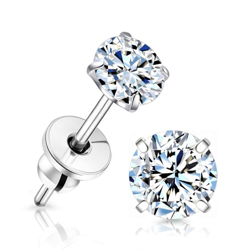 Limerencia Moissanite Stud Earrings, F136 Titanium Screw Back Earrings, D Color VVS1 Clarity Lab-created Moissanite Earrings, Hypoallergenic G23 Pure Titanium for Women Men Sensitive Ears - color: White Gold B, size: 4mm