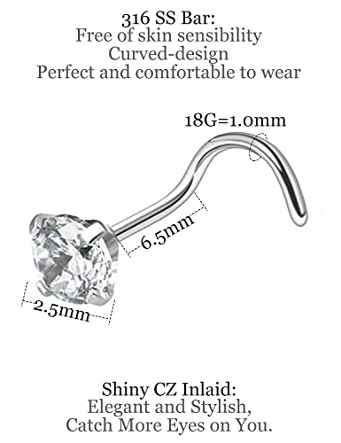 18G 20G 22G Nose Rings Studs with Cubic Zirconia 316L Surgical Steel Straight Screw L Shaped Nose Studs Piercing Jewelry for Women Men Girl CZ 1.5mm 2mm 2.5mm 3mm 20Pcs - color: B:18G Screw- Silver 2.5mm