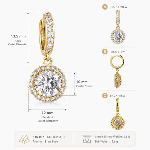 14K Gold Plated Hoop Dangle Earrings for Women, Hypoallergenic Colorful Cubic Zirconia Drop Earrings, Lightweight Huggie Earrings for Women - color: Gold/White