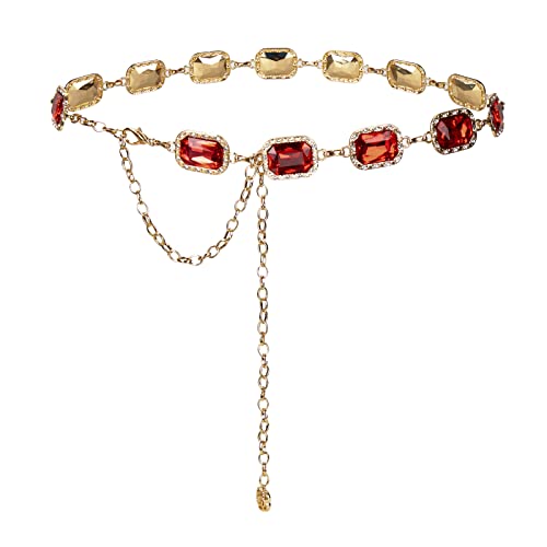 ILuvatar Green Glass Diamond Chain Belt - Metal Women's Western Style Dress Belt - color: Gold-s-red