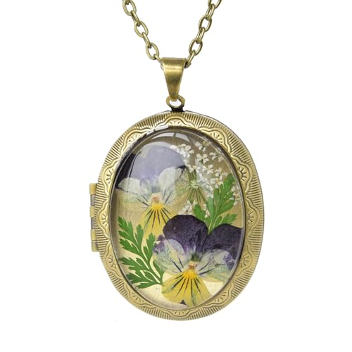 Vintage Photo Locket Necklace Handmade Pressed Flower Locket Necklace for Women - style: Pansy Style2(1.53"x 1.85")