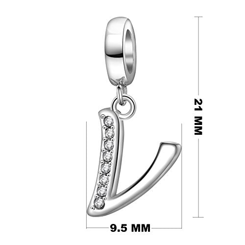925 Sterling Silver Initial Charm fits Pandora, Gift for Mom Wife | Christmas,Birthday,Mother's Day, Anniversary, Valentine's Day - color: Letter V