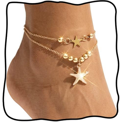 Sea Shell Starfish Anklet with Pearl Charms, Layered Heart Beach Statement Chunky Ankle Bracelet, Gold Tone Chain - color: Gold B