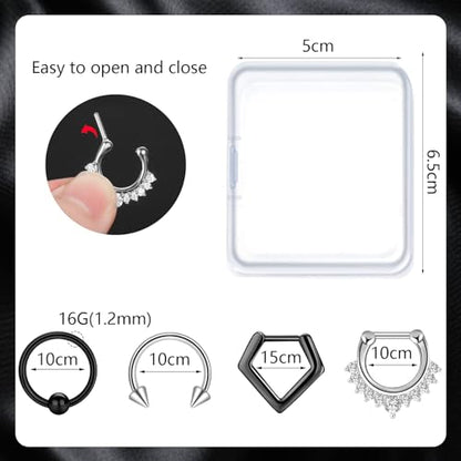 ONESING 20-30 Pcs Septum Rings 16G Septum Jewelry - Surgical Steel Piercings Horseshoe Helix Daith Smiley Tragus Lip Rings Nose Hoop Hinged Seamless Piercing Jewelry for Women Men - color: Silver,Black-16G-10mm