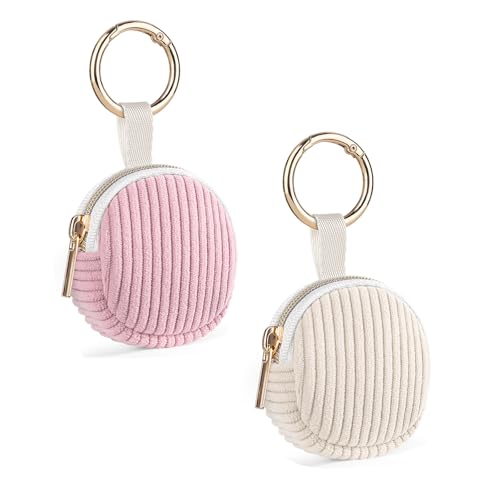 2 Pack Jewelry Ring Holder Keychain, Travel Jewelry Holder Case | Corduroy Small Travel Ring Keeper Box for Rings, Earrings, Stud, Necklaces, Gifts for Party/ Birthday/ Wedding/ Christmas - color: 2 Pack-Beige+Pink