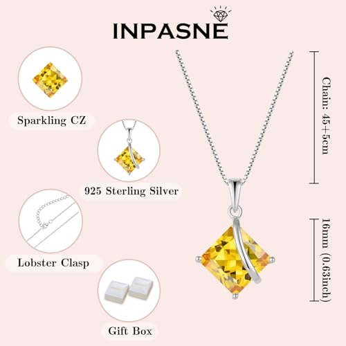 Square Princess Cut Necklace 925 Sterling Silver Solitaire Pendant Necklace Birthstone Jewelry Gifts for Women - color: 11 November - Citrine