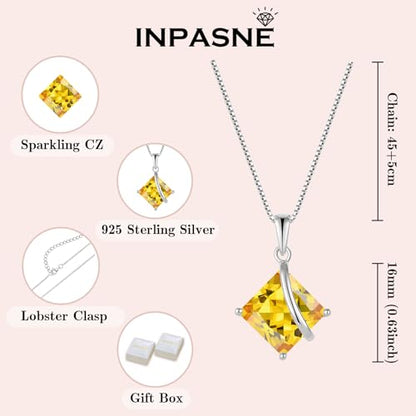 Square Princess Cut Necklace 925 Sterling Silver Solitaire Pendant Necklace Birthstone Jewelry Gifts for Women - color: 11 November - Citrine