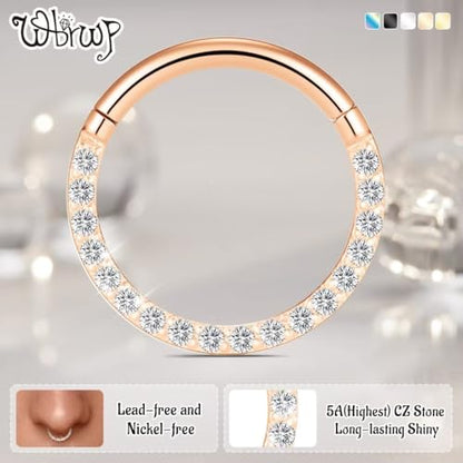 WBRWP 316L Stainless Steel Nose Hoop Rings Clicker with Zircon/Opal 14g-20g | Hypoallergenic Nose Rings Segment Clicker Lip Rings Cartilage Rook Conch Earrings Diameter 5mm-10mm - color: Flat Rose Gold ring with zircon -1pc Pack