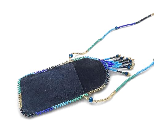 Mia Jewel Shop Authentic Leather Suede Medicine Pouch Seed Bead Fringe Dangle Necklace - Womens Fashion Handmade Bags Boho Travel Accessories - color: Dark Blue