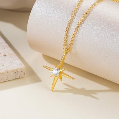 FENIMI Gold Necklace for Women 14K Gold Pendant Necklaces for Women North Star Necklace Pendant with Cubic Zirconia Gentle and Beautifully Bright Dainty Chunky Star Jewelry for Womens