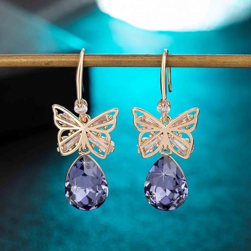 Austrian Crystal Teardrop Butterfly Drop Dangle Earrings for Women 14K Rose Gold Plated Hypoallergenic Jewelry - color: Tanzanite