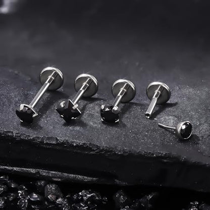 Ruifan Titanium Flat Back Lip Rings Threadless Push in Earrings Studs Nose Rings 20G 18G 16G Round Heart Square CZ Tragus Cartilage Lobe Rook Helix Conch Labret Medusa Piercing Jewelry for Women Men - color: Black CZ, size: 20G-6/8/10mm