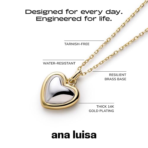 Ana Luisa Lev Puffy Heart Necklace for Women - Paperclip Chain w/ 14K Gold Plated & Silver Rhodium Plated Small Puffed Heart Pendant - Hypoallergenic, Water-Resistant, Tarnish-Free Jewelry - style: Box Chain - Two Tone