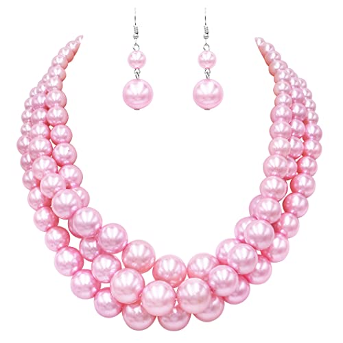 Rosemarie & Jubalee Women's 3 Colorful Multi Strands Simulated Pearl Necklace And Earrings Jewelry Gift Set, 18"+3" Extender - color: Light Pink Silver Tone - Double Ball Earring