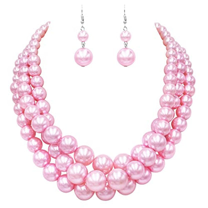 Rosemarie & Jubalee Women's 3 Colorful Multi Strands Simulated Pearl Necklace And Earrings Jewelry Gift Set, 18"+3" Extender - color: Light Pink Silver Tone - Double Ball Earring