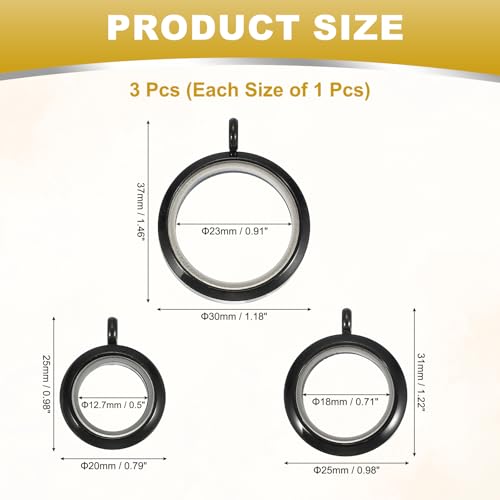 MECCANIXITY Living Memory Locket Charm, Round Floating Locket Pendants Stainless Steel Clear Glass Photo Charm - color: Black, size: 12.7/18/23 mm