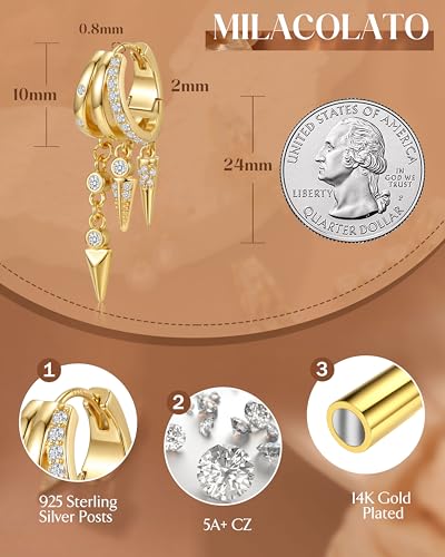 MILACOLATO 925 Sterling Silver Dangle Earrings for Women Hypoallergenic | Trendy 14K Gold Plated Triple Huggie Hoop Earrings Dainty Chain Drop Cubic Zirconia Earring Statement Hoops Fashion Jewelry - color: 3 Arrows