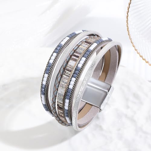 VIBILIA Boho Leather Wrap Bracelets for Women Multi-Layer Bracelets | With Strong Clasp Jewelry for Women - color: 03-BohoBraid-Gray