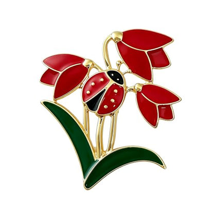 Nature Inspired Tulip Ladybug Enamel Lapel Pin Delicate Floral Brooch Creative Women Fashion Jewelry for Dress Scarf Suit Bag Clothing Accessories Gift - color: Red