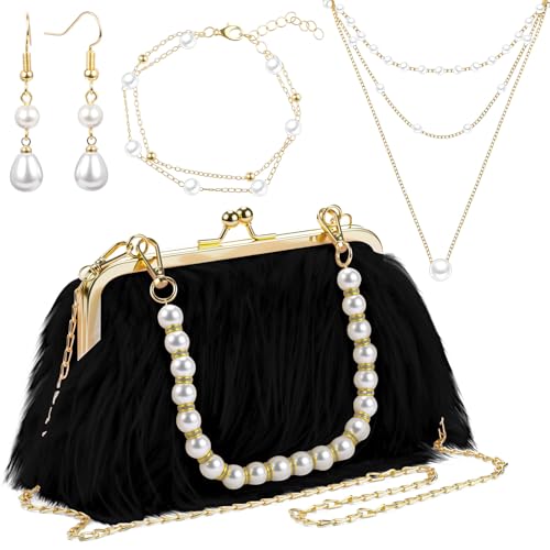 Liliaafar 4 Pcs Evening Clutch Purse with Pearl Jewelry Sets,Clutch Bag Pearl Earrings Necklace Bracelet for Wedding Party - color: Black, style: Fluffy Feather