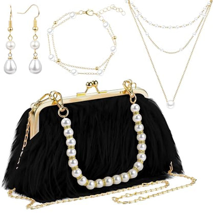 Liliaafar 4 Pcs Evening Clutch Purse with Pearl Jewelry Sets,Clutch Bag Pearl Earrings Necklace Bracelet for Wedding Party - color: Black, style: Fluffy Feather