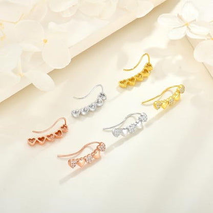 Heart Climber Earrings for Women 925 Sterling Silver White/Yellow/Rose Gold Plated Cubic Zirconia Ear Crawler Earrings Jewelry - color: Rose
