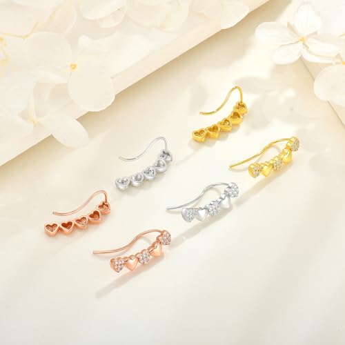 Heart Climber Earrings for Women 925 Sterling Silver White/Yellow/Rose Gold Plated Cubic Zirconia Ear Crawler Earrings Jewelry - color: Yellow