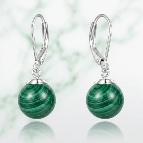 Pearl Leverback Earrings for Women Dangle Round Gemstone Earrings Birthstone Jewelry Gift Anniversary for Her - color: 14 malachite