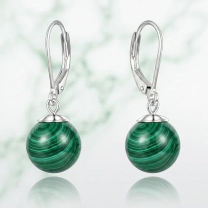 Pearl Leverback Earrings for Women Dangle Round Gemstone Earrings Birthstone Jewelry Gift Anniversary for Her - color: 14 malachite