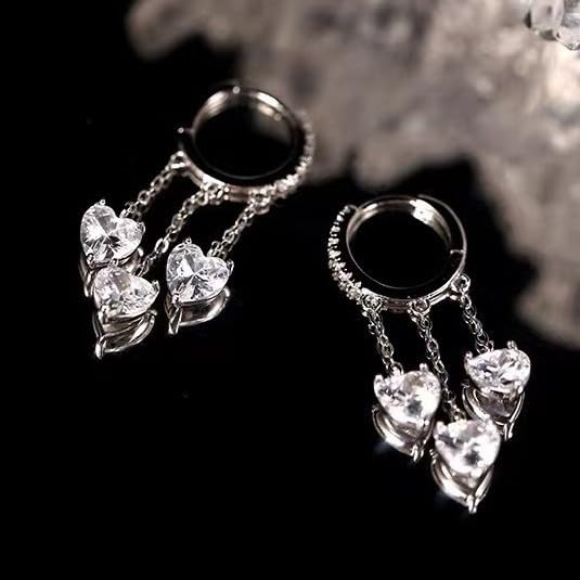Heart Tassel Huggie Hoop Earrings for Women, 18K Gold Plated White Gold Finish, Sparkling Cubic Zirconia Dangle Earrings, Triple Chain Heart Charm Jewelry, Romantic Minimalist Accessories