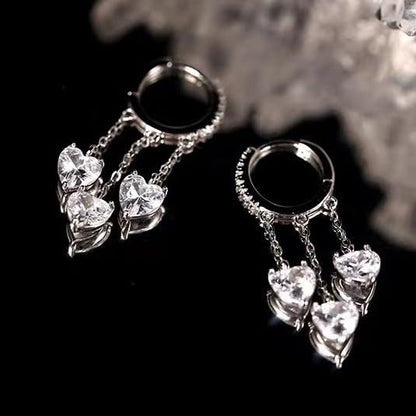Heart Tassel Huggie Hoop Earrings for Women, 18K Gold Plated White Gold Finish, Sparkling Cubic Zirconia Dangle Earrings, Triple Chain Heart Charm Jewelry, Romantic Minimalist Accessories