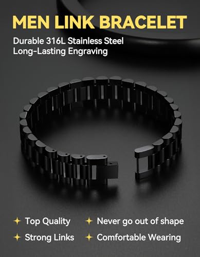 ChainsHouse Men Stainless Steel Bracelet Adjustable Custom ID Engraved Gift | Personalized Silver/Gold/Black for Birthday Father Husband Boyfriend with Gift Box Adjustable Tool 10mm/15mm/15.5mm 8.3"/8.7" - color: O.15.5mm Width-Black-No Custom