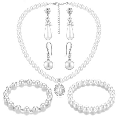 Glenmal Pearl Rhinestone Jewelry Set for Women Pearl Necklace Bracelet Earrings for Wedding Halloween Bridal Shower Tea Party - style: Refined Style